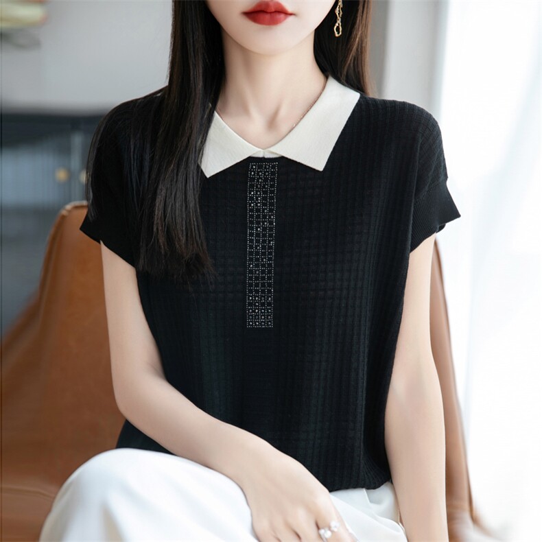 莱赛尔天丝撞色短袖T恤女宽松娃娃脸减龄t恤半袖衫气质烫钻上衣夏,女装T恤,九嘉羊绒