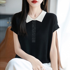 莱赛尔天丝撞色短袖T恤女宽松娃娃脸减龄t恤半袖衫气质烫钻上衣夏，女装T恤，九嘉羊绒
