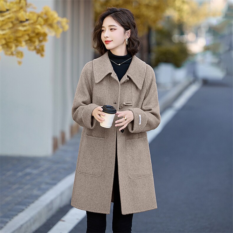 双面羊毛大衣女中长款2025冬季新款小个子高级感时尚连帽毛呢外套,女装双面呢大衣,琦鑫阁（原依鑫阁）