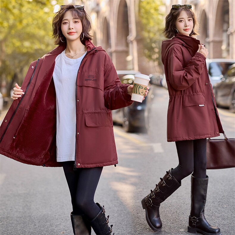 现货2024冬装新款时尚简约气质休闲收腰加绒派克服女装外套,女装短外套,依万里