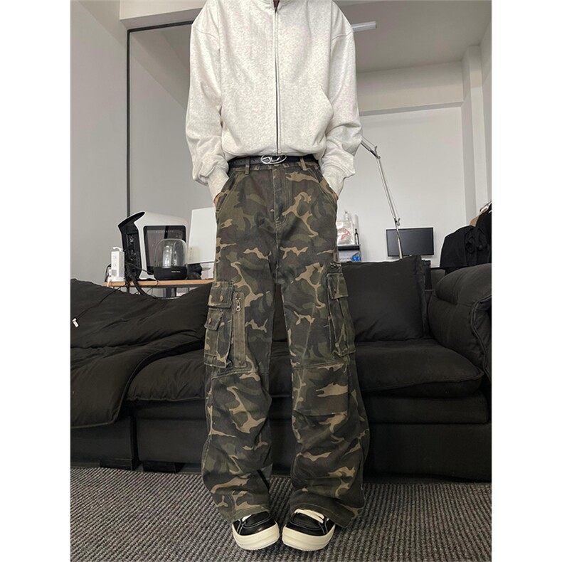 K843-特P58秋冬男女同款迷彩工装裤复古水洗宽松直筒拖地裤,男装工装外套,电商B327