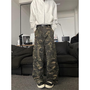 K843-特P58 秋冬男女同款迷彩工装裤复古水洗宽松直筒拖地裤图片