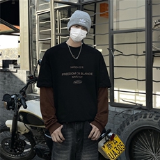 早秋新款280克纯棉圆领拼接印花长袖体恤T3075P55控78，男装T恤，电商A072