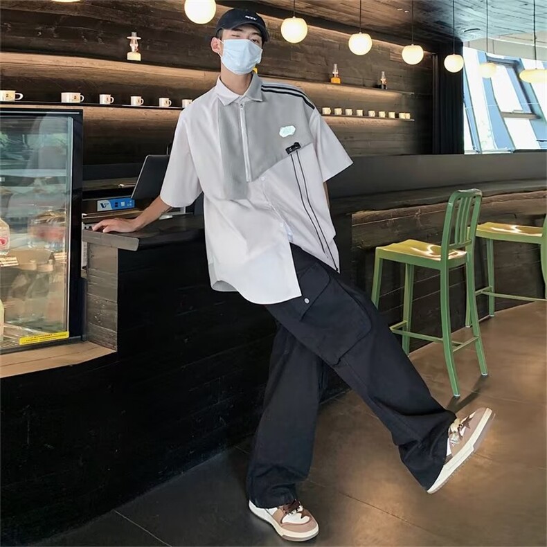 2023港风文艺纯色衬衫男春夏宽松潮流五分袖衬衣短袖T恤,男装衬衫,星座716-3