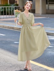 温柔风连衣裙女2025夏季新款法式高级感气质收腰显瘦V领长款裙子，女装连衣裙，韩宇舍