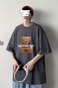 21夏季新款宽松大码港风几物风毛绒熊运动短袖纯棉T恤男T1905-P25图片