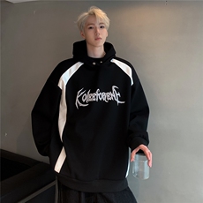 美式复古撞色拼接连帽卫衣男女ins宽松情侣百搭帽衫W94-P78，男装卫衣，电商C307A