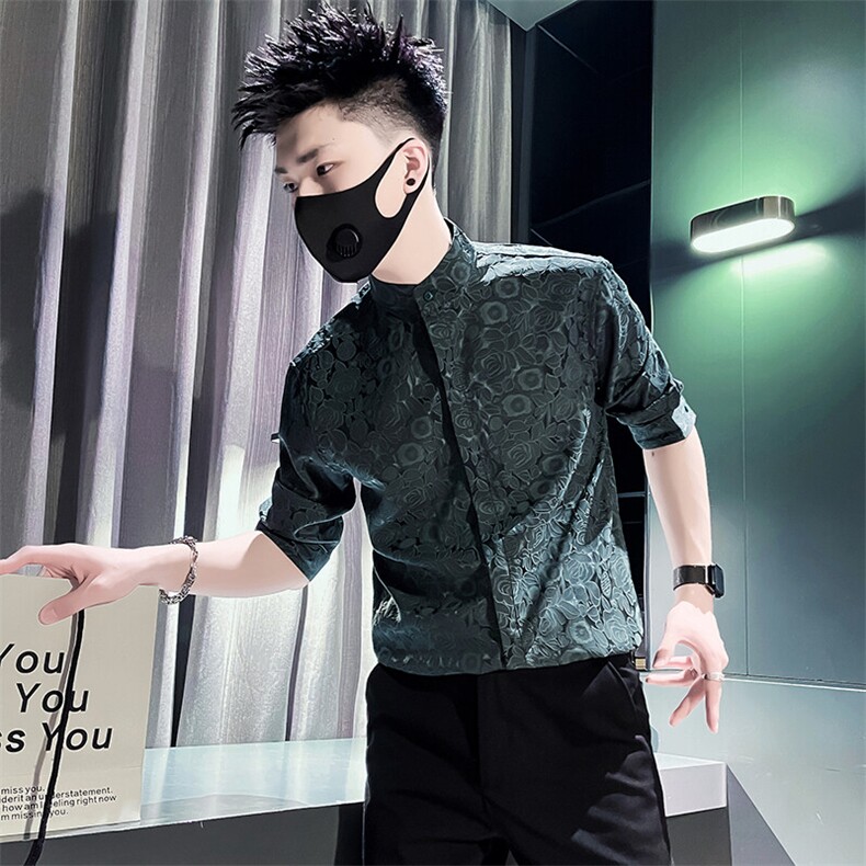 301A-1 CS580 P55 社会小伙店主风立领提花中袖衬衫男 绿2图片
