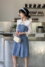 现货热卖拼色牛仔连衣裙，女装连衣裙，迈裳亿
