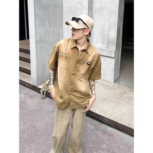 美式水洗复古牛仔短袖衬衫男女潮牌学院风宽松情侣衬衣CS155-p52图片