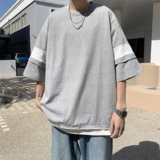 港风夏款男圆领短袖拼接拼色T恤纯棉五分短袖T恤衫T230P33，男装T恤，星座1013-1