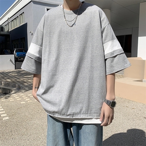 港风夏款男圆领短袖拼接拼色T恤纯棉五分短袖T恤衫T230 P33图片