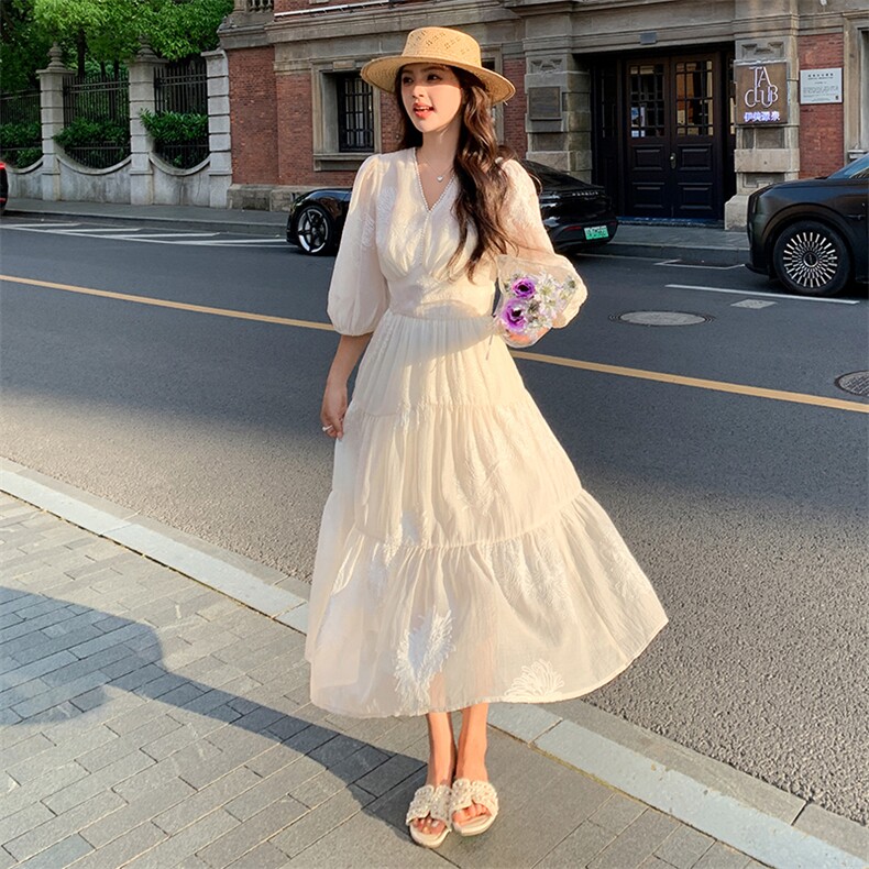 法式气质仙女连衣裙女装2025夏季新款灯笼袖初恋收腰大摆长款裙子,女装连衣裙,天使之佳话