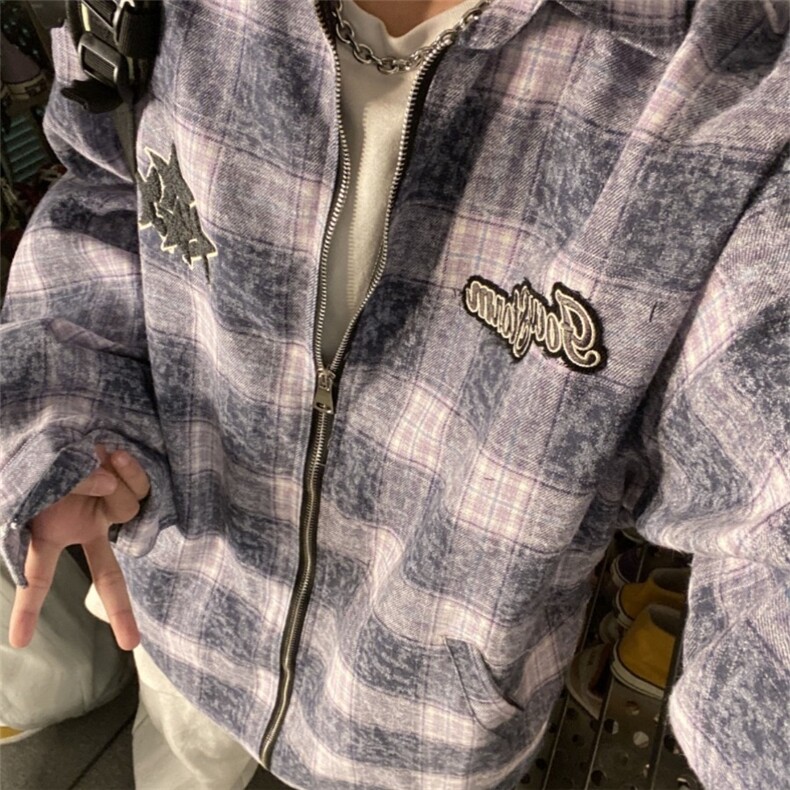 美式复古格子星星刺绣夹克男女春秋季设计潮宽松小众拉链上衣外套,男装夹克,星座302B