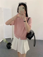 时尚百搭精纺羊毛多扣圆领短袖开衫，女装T恤，艾米娇羊绒