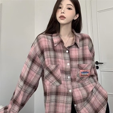 复古格子衬衫女秋季宽松外套小个子长袖磨毛韩版设计感女上衣气质，男装衬衫，星座1210-1