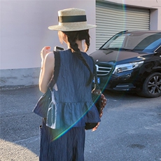 2025新款蓝色收腰无袖上衣半身裙两件套复古牛仔波点套装裙女夏季，女装套装/套裙，2C262