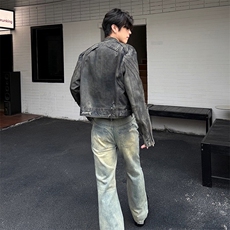 美式高街复古破洞牛仔裤男宽松直筒潮牌痞帅微喇叭设计感乞丐裤子，男装牛仔裤，星座506A