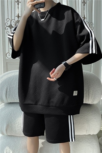 TZ83335/P65夏季新款短袖短裤t恤休闲宽松提花大码两件套套装男图片