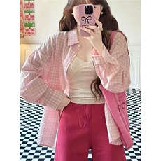 韩系Polo领粉色格子长袖衬衫女早秋季少女感宽松慵懒薄款开衫衬衣，男装衬衫，星座1210-1
