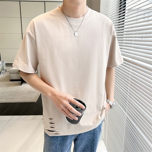 店主风 夏季纯棉短袖T恤男2026新款轻熟风纯色破洞半袖 TX31-P38图片