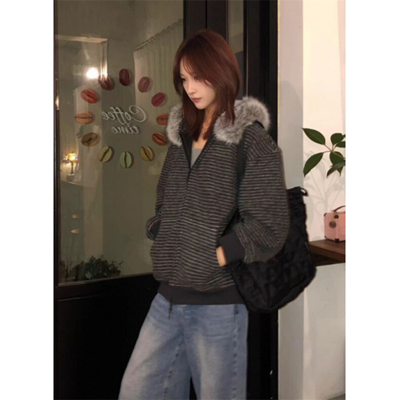 慵懒风连帽卫衣开衫女秋季穿搭撞色条纹毛领外套休闲上衣WK721,女装短外套,星座1116A（原606A-3）