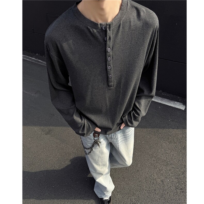 主推 慵懒风亨利领长袖T恤垂感百搭cleanfit打底衫男 H1052特P35图片
