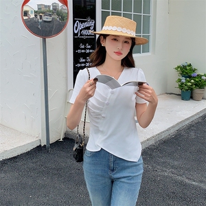 短袖螺纹棉t恤2024夏季新短款不规则下摆开叉设计感小众v领上衣装图片