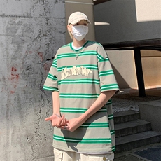 B239-1269-P48横条纹美式复古字母印花夏季重磅落肩袖短袖t恤，男装T恤，星座514-2(原B239)