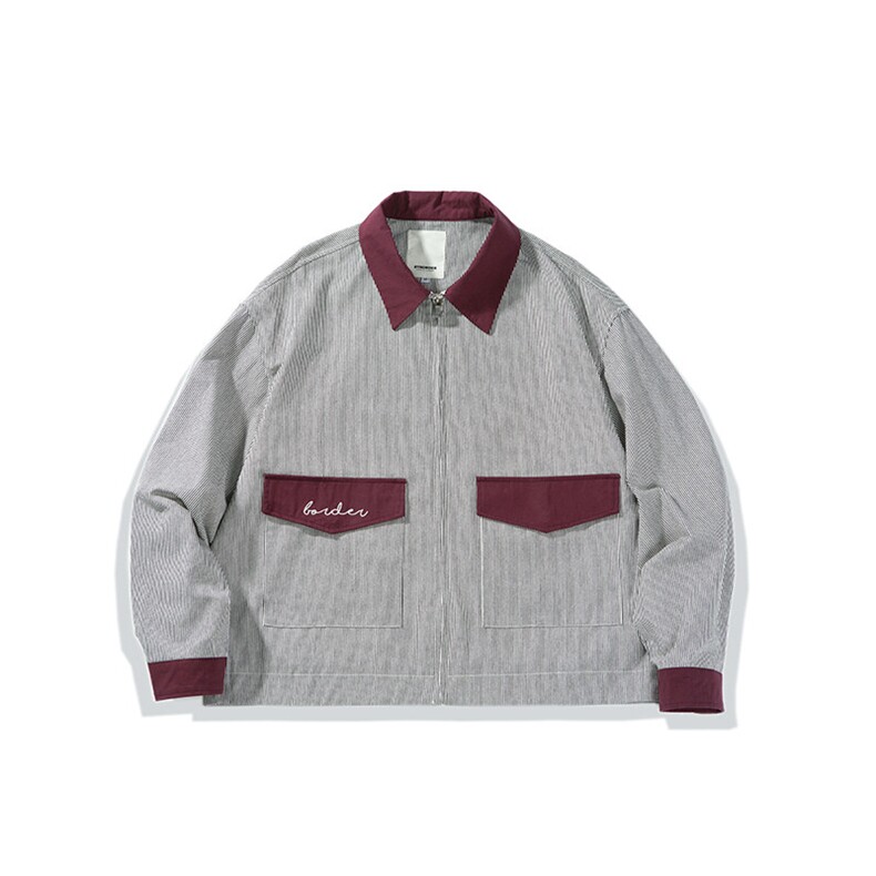 南夏乔装2025春季新款日系竖条纹刺绣撞色翻领外套复古中性夹克男，男装夹克，电商S006（B521）