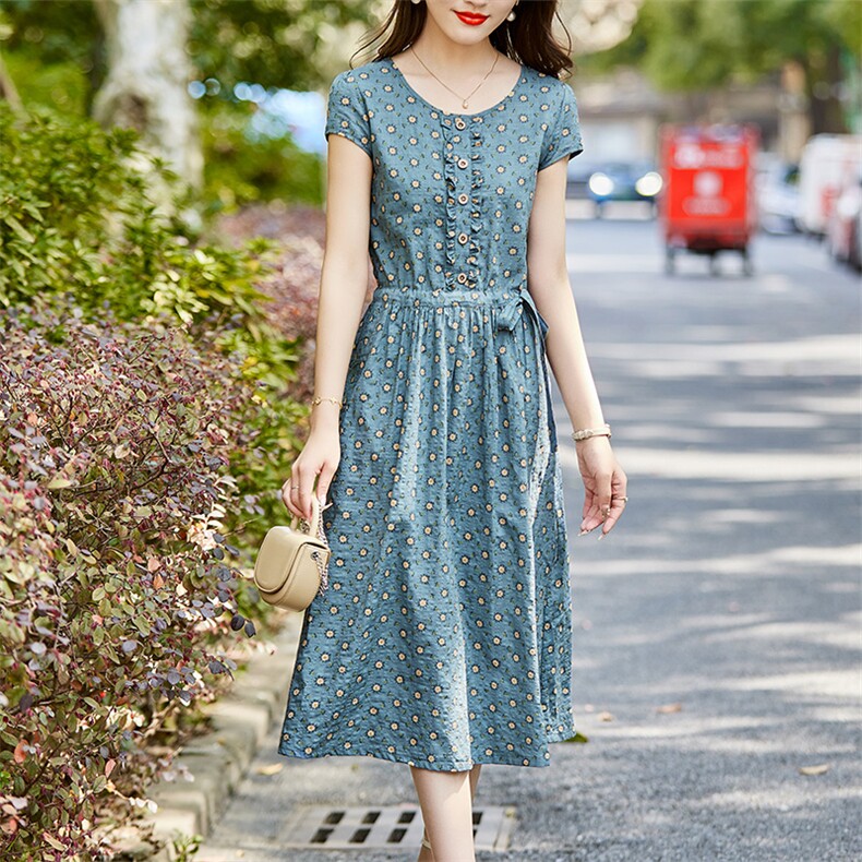 碎花V领连衣裙女夏季薄款2021新款中长款收腰显瘦妈妈棉麻长裙子,女装连衣裙,超帛