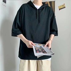 男纯色连帽五分袖T恤宽松短袖T54P24，男装T恤，星座1116-2