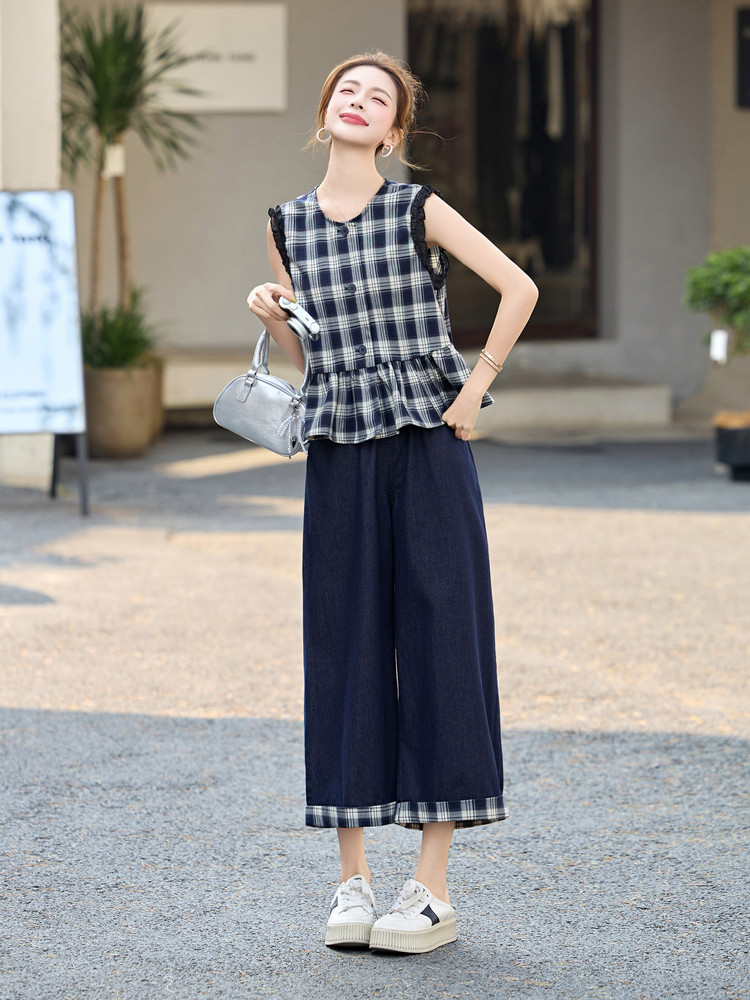韩里韩气穿搭套装女2025夏新款休闲减龄格子无袖牛仔阔腿裤一整套,女装套装/套裙,艾尚靓装