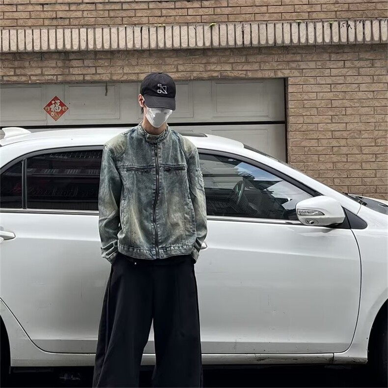 复古做旧扎染立领刺绣机车垫肩夹克牛仔外套男914-4-N1232P75,男装工装外套,星座914-4