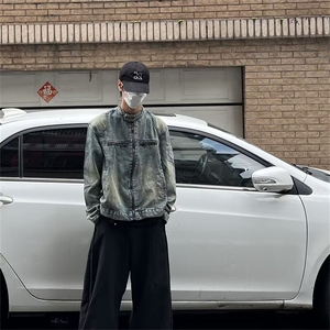 复古做旧扎染立领刺绣机车垫肩夹克牛仔外套男914-4-N1232 P75图片