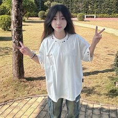 双纱纯棉彩虹刺绣短袖T恤男夏季潮牌美式高街宽松情侣内搭打底衫，男装T恤，电商A486