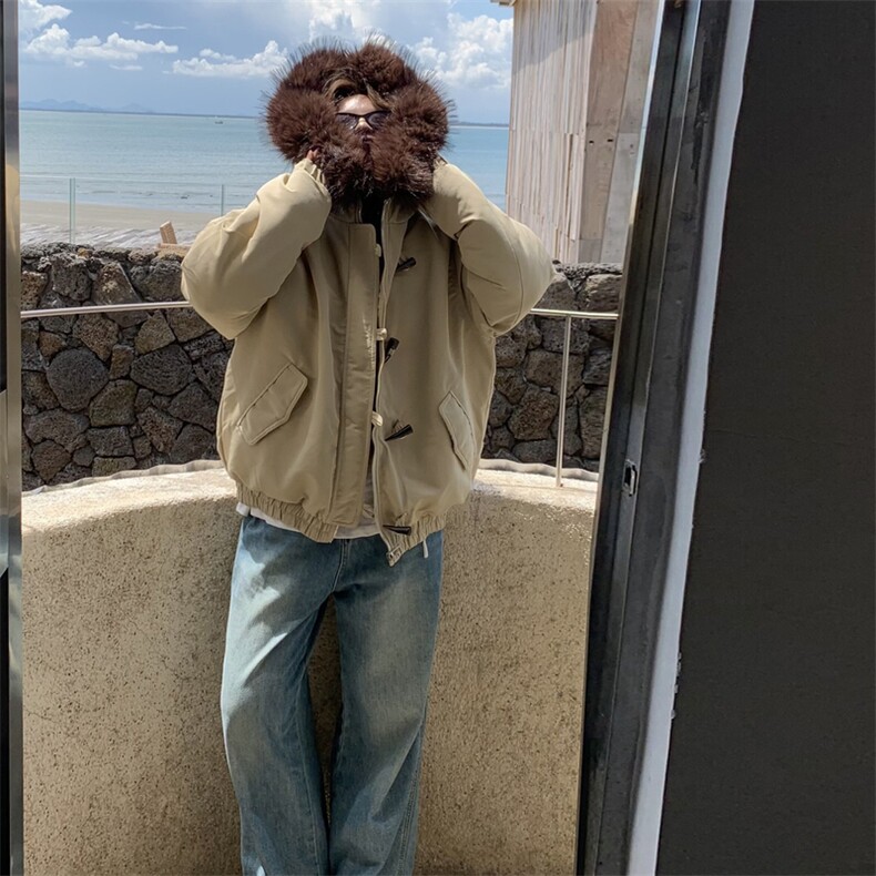 A552-P108牛角扣大毛领连帽棉服外套中长款派克服可拆卸毛领,男装棉衣,星座911