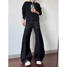 美式撞钉廓形黑色原牛弯刀裤男cleanfit直筒微喇长裤子NZ0542-P48，男装休闲裤，星座308B-2