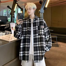 SS34撞色洋气格子磨毛衬衫外套男女新款韩版中长款中性开衫上衣，男装衬衫，星座308A-1（原309B-1）