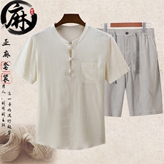 主推款大货新款夏男款中老年风亚麻套装短袖T恤棉麻短裤套装，男装牛仔裤，钱塘723