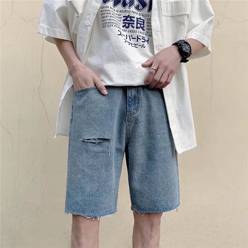 毛边牛仔短裤男宽松夏季破洞五分裤潮牌大裤衩薄款5分马裤F0222,男装牛仔裤,星座208-5