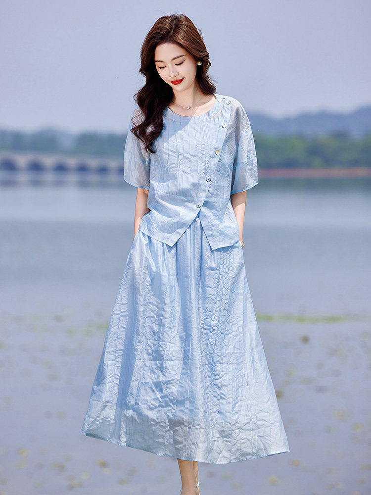 蓝色连衣裙套装女2025新款韩系夏日穿搭一整套短袖吊带裙子三件套,女装套装/套裙,靓衣阁