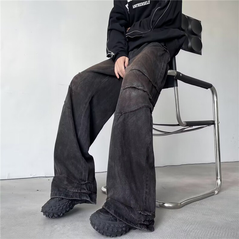 水洗做旧抓痕牛仔裤男美式潮牌宽松阔腿小众直筒长裤子NU15,男装牛仔裤,星座1116A-1（原606A）