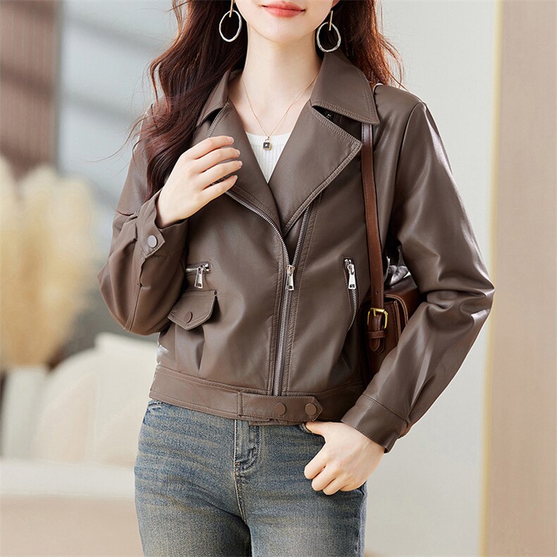 欧货皮衣外套女西装领机车服女士2023秋季新款pu皮夹克短款上衣潮,女装皮衣,江南女神