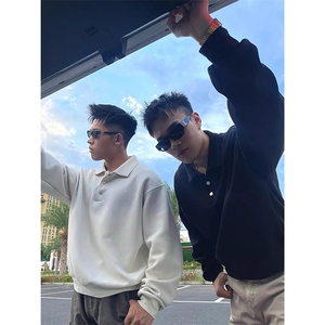 抖音得物高品质二开230克精梳珠地光版纯色宽松长袖T恤翻领POLO衫图片