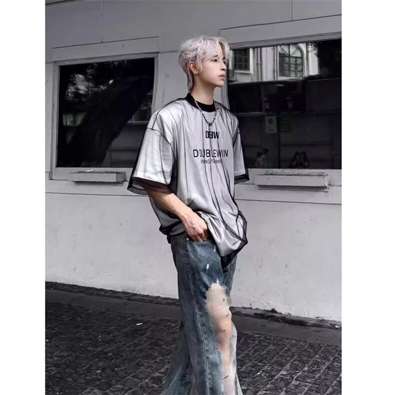 高质量假两件网纱短袖ZX0227-P38,男装T恤,星座313A(原308A-2)