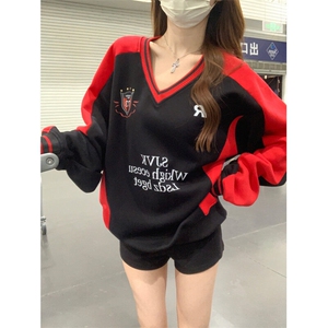 EE064-P65 卫衣男女情侣薄款2024潮流宽松设计感条纹圆领韩版上衣图片