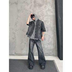 【有货】黑灰色拼接牛仔裤男款美式高街直筒裤子1179CC-特P55，男装牛仔裤，星座1007（原301D）