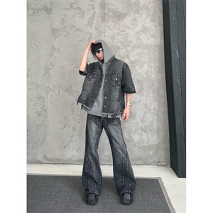 【有货】黑灰色拼接牛仔裤男款美式高街直筒裤子1179CC-特P55图片