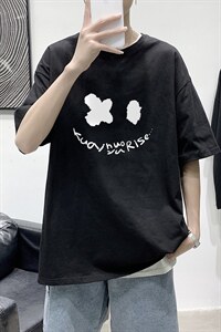 T1795P25 港风室内 宽松T恤棉2021男线条笑脸英文印花短袖T恤图片
